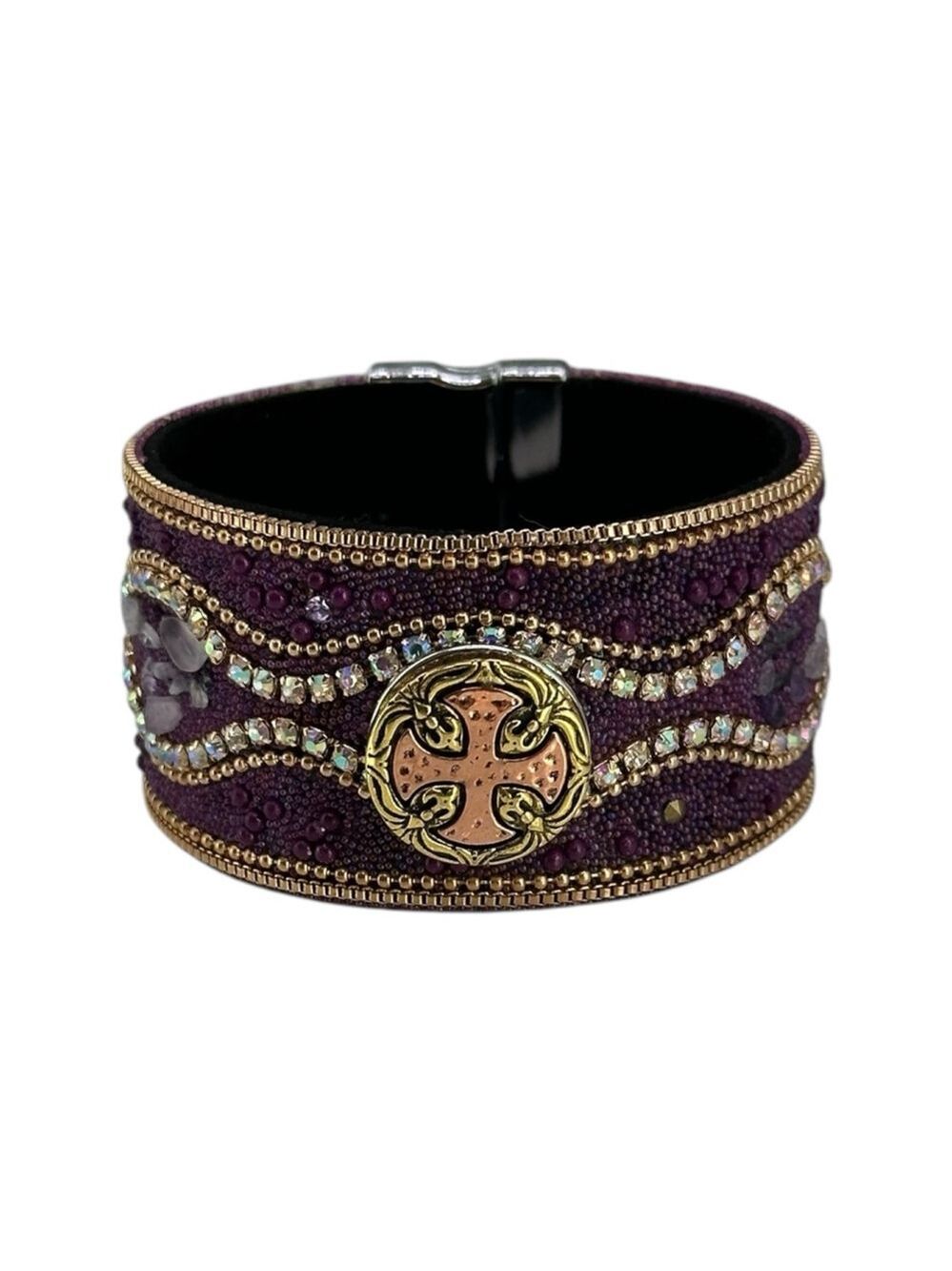 Purple & Gold Boho Cuff Bracelet & Celtic Cross 18m Ginger Snap Jewelry Magnetic